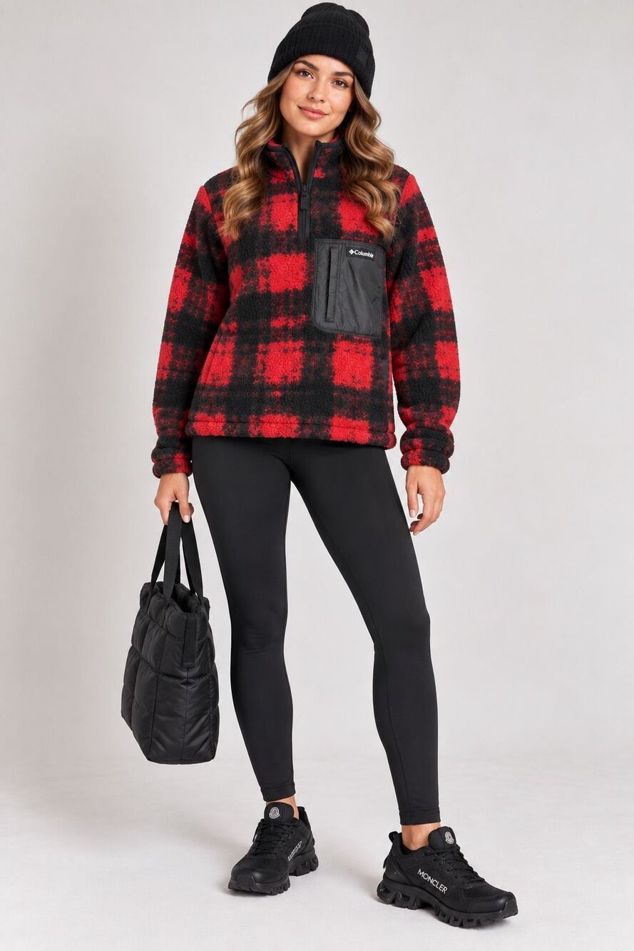 Columbia West Bend Sherpa Fleece Pullover Plaid Quarter Zip Jacket Size L